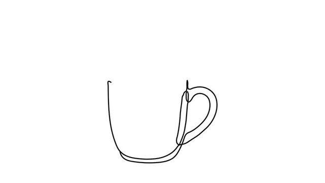Continuous Line Drawing Animation of Steaming Coffee Mug, Minimalist Self Drawing Outline of Hot Tea Cup Isolated on White Background