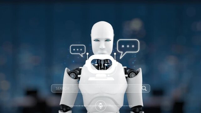 A friendly humanoid robot stands in a modern digital environment, depicted with chat bubbles and a search bar, highlighting technology and communication advancements. Synapse