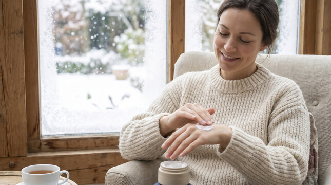 Smiling woman applies moisturizing hand cream indoors during winter. Content adult rubs nourishing lotion onto dry skin beside snowy window, enjoying serene skincare routine in cozy sweater.