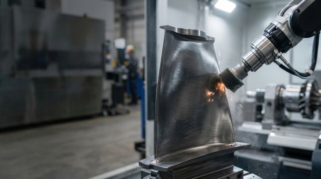 Turbine blade undergoing precision surface treatment in industrial facility
