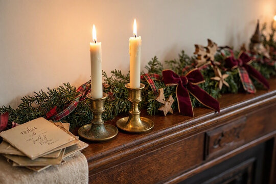 Timeless Christmas candle styling with layered natural materials and heirloom accents for seasonal home decor and editorial photography.