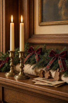 Heritage Christmas mantel with aged brass candleholders, ivory taper candles, burgundy velvet bows and traditional evergreen garland