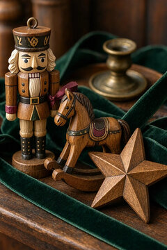 Timeless Christmas keepsakes showcasing artisan woodwork, classic festive figures and rich natural materials for premium holiday campaigns.