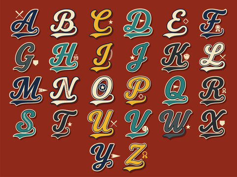 Retro baseball script alphabet letters A to Z with sports icons for team logos, jersey lettering, custom monograms, merchandise, apparel design and vintage athletic branding