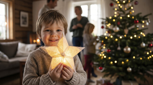 Cheerful child presents glowing paper star ornament toward camera during holiday festivities, as loving family decorates festive pine tree together inside comfortable living room interior.