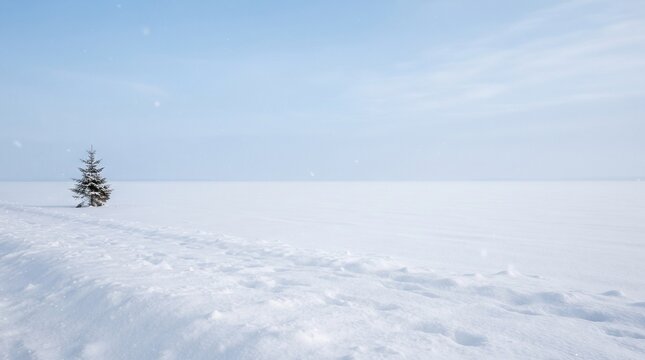 Peaceful Snow Covered Winter Landscape with a Solitary Evergreen Tree