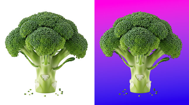 Fresh green broccoli head with small florets isolated on a white background, food vegetable