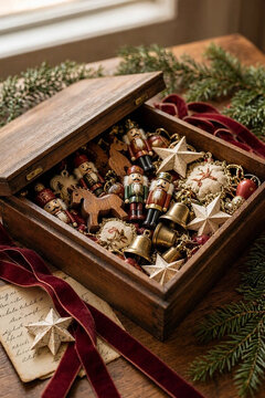 Nostalgic holiday still life of treasured family decorations gathered over generations, styled in burgundy, pine green, cream and muted gold.