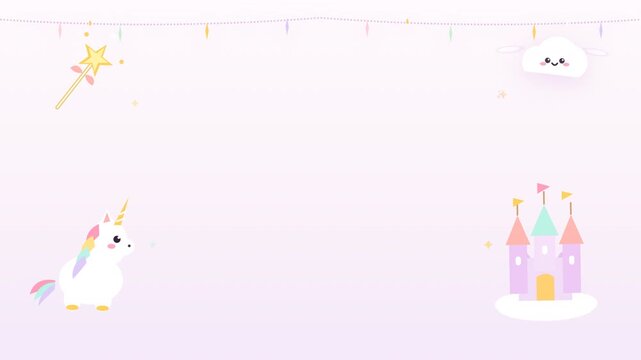 Cute kawaii unicorn and fairy tale castle pastel pattern loop