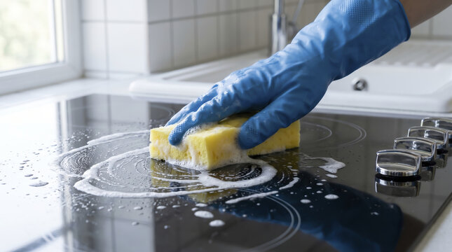 Gloved hand washes induction cooktop surface with yellow sponge and white detergent foam. Thorough kitchen cleaning routine maintains pristine glass ceramic electric stove under bright daylight.