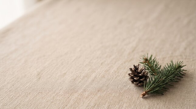 Small Pinecone and Evergreen Twig on Beige Surface.jpg