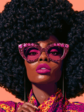 vibrant  illustration of stylish African woman with large afro hairstyle wearing glamorous pink rhinestone sunglasses and colorful patterned fashion outfit on bright background graphic art