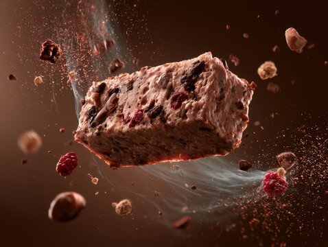 gourmet chocolate berry dessert block floating in mid air with flying cocoa powder dust, dried cranberries and chocolate crumbs, dynamic food photography on dark chocolate background with copy space