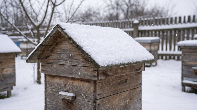 Snow covered wooden beehive sits outdoors during freezing winter afternoon. Rustic timber apiary shelter protects dormant honeybees while frost blanket rests over sloped roof structure.