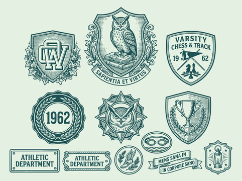Vintage engraved owl athletics emblem set with Latin motto banners, chess and track shield, trophy, swim goggles and laurel seals for university sports, heritage branding and merchandise