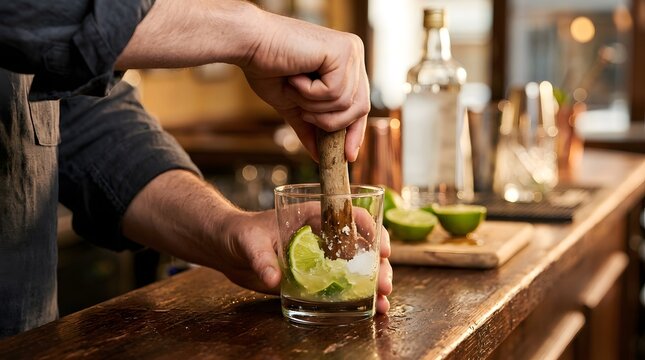 Bartender Muddling Fresh Lime with Sugar to Prepare a Traditional Brazilian Caipirinha