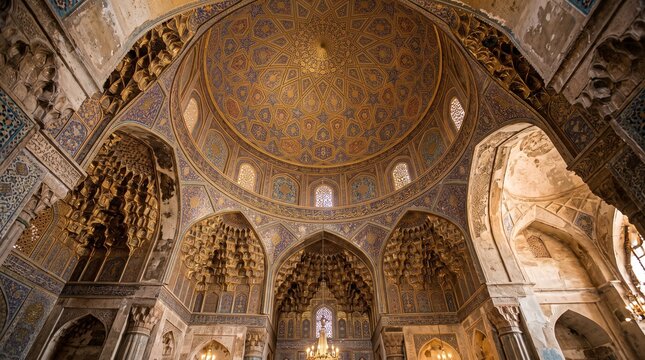 Intricate golden dome and ornate ceiling inside historic mosque