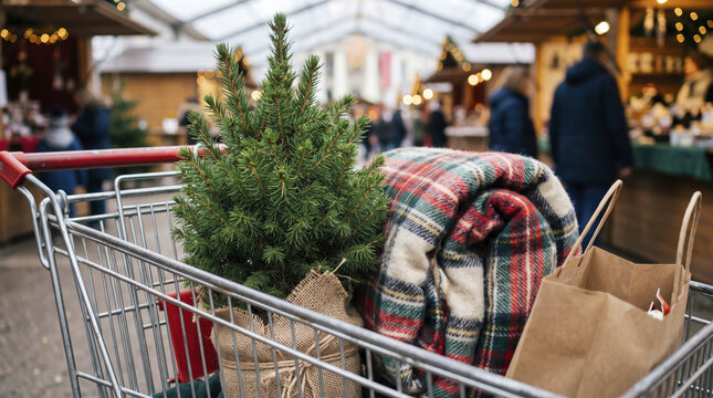 Small Christmas tree stands upright inside pushcart near folded tartan blanket during festive holiday shopping. Cheerful winter market surrounds filled cart with warm wooden vendor kiosks.