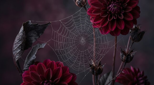 intricate spiderweb coated in dew drops strung between dark burgundy dahlia flowers