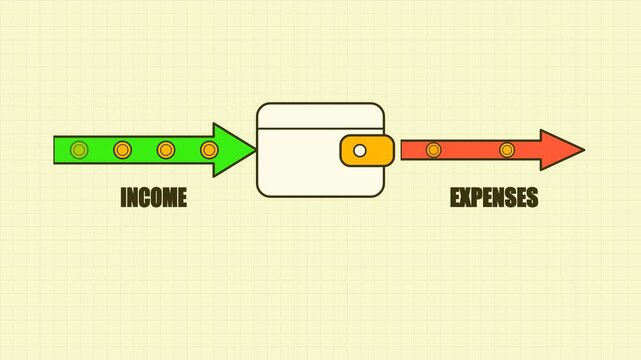Conceptual Illustration of Personal Finance Flow Showing Money Moving from Income into Wallet and Out as Expenses