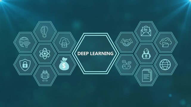 Deep learning digital interface with hexagonal icons for data science and deep learning technology used in modern artificial systems.