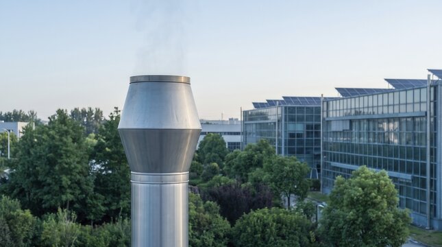 Metallic exhaust pipe expels light vapor above manufacturing facility grounds. Factory ventilation pipe towers beside glass corporate buildings equipped with rooftop solar panels outside.