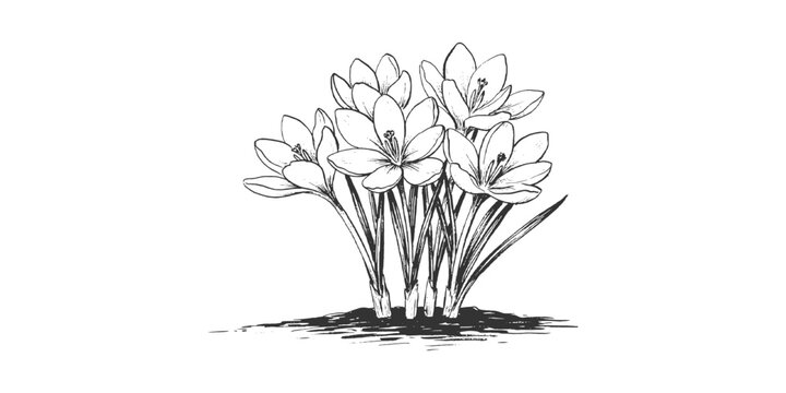 Hand drawn spring crocus flowers growing from soil botanical sketch line art vector illustration.