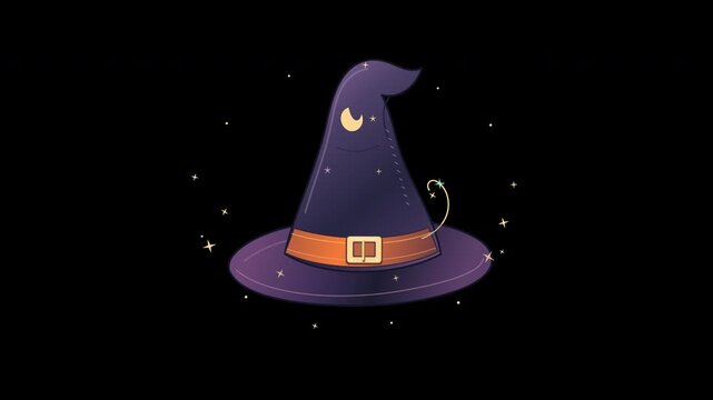 Purple witch hat with an orange belt and crescent moon animation