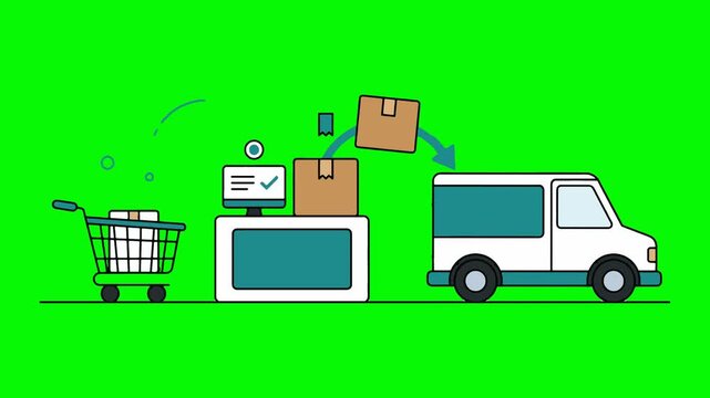 Online shopping and e-commerce logistics process illustration showing cart order and delivery van