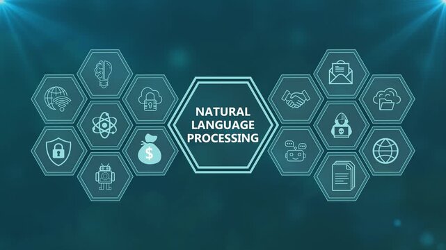 Natural language processing display showcasing glowing hexagon icons for text analysis technology, intelligence, and modern cloud data.