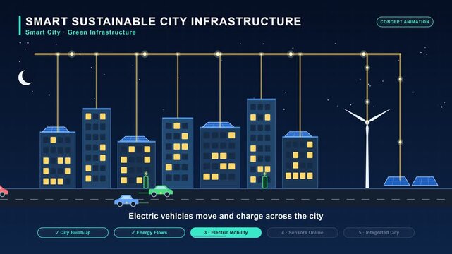 Sustainable Smart City Infrastructure with Green Energy Network and Electric Vehicle Charging at Night