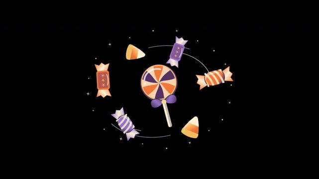Assorted Halloween candies and a lollipop swirling on black animation