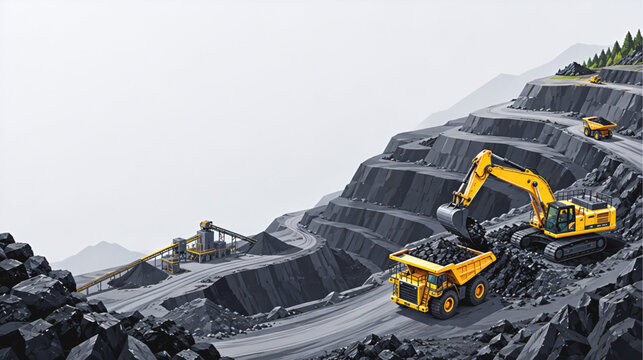 Coal Mining Excavation and Hauling Vector Background Template