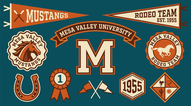 Mesa Valley University rodeo team emblem collection with horse mascot badge, running horse seal, varsity M, pennants, horseshoe, rosette and southwest crest for western college apparel
