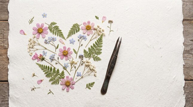 Heart shaped arrangement of pressed dried flowers on handmade paper with tweezers