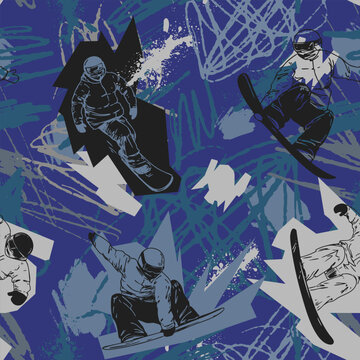 Extreme snowboarders seamless pattern. Hand drawn vector snowboard riders abstract background with graffiti scratches and paint splatters.