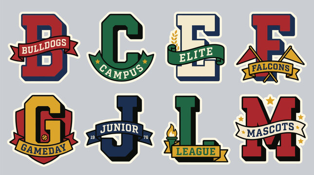 Retro Varsity Letter Sticker Set with Nova, Quest, Rangers, Spirit, United, Victory, Xtreme and Yearbook Ribbons, Script Lettering and Compass for School Spirit and Apparel Designs