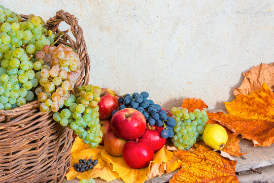 variety of ripe fruits on the wooden plank. autumn harvest rustic composition. rural organic food in fall season. applicable as healthy food background for thanksgiving