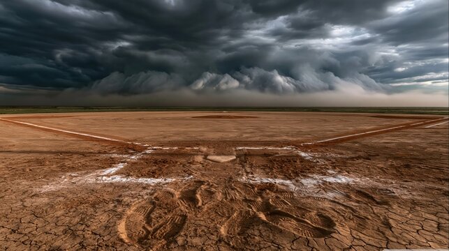 Baseball diamond infield with a gritty home plate and chalk lines under a turbulent stormy sky, for sports banners and backgrounds with copy space