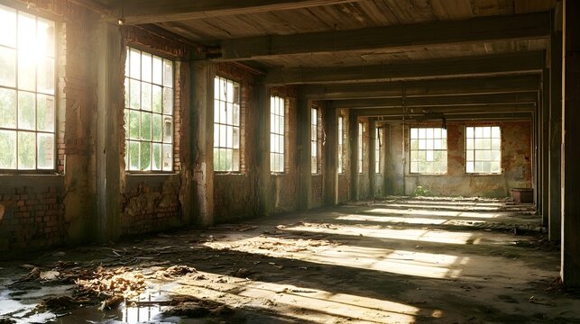 Sunlight streams through broken into a derelict industrial hall with exposed brick walls and debris strewn floor