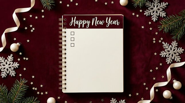 Blank Happy New Year Checklist Notebook for Resolutions with Festive Christmas Decorations