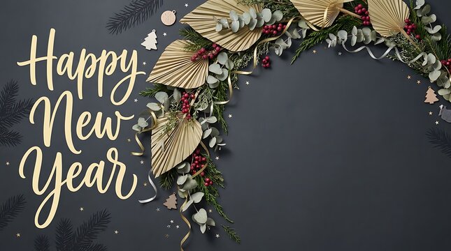 Happy New Year Festive Greeting Card with Elegant Gold Script Text and Holiday Garland on Dark Background with Copy Space
