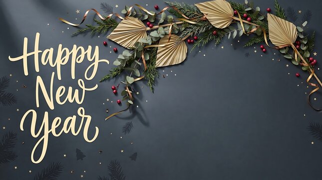 Happy New Year Festive Greeting Card with Elegant Golden Typography, Decorated Winter Garland and Copy Space
