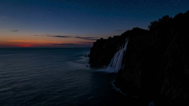 lower duden falls cascading from coastal cliffs into the mediterranean sea in lara antalya turkey evening to night timelapse video
