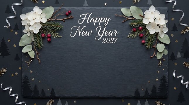 Happy New Year 2027 greeting card with white flowers and pine branches on dark slate background
