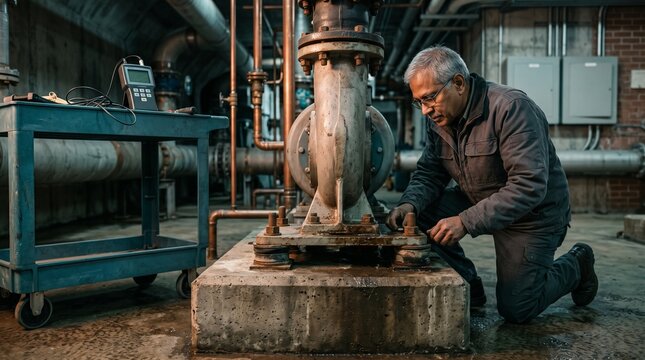 Mechanic inspects pump base isolation in a water plant