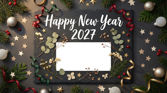 Happy new year 2027 greeting card with floral and star decorations