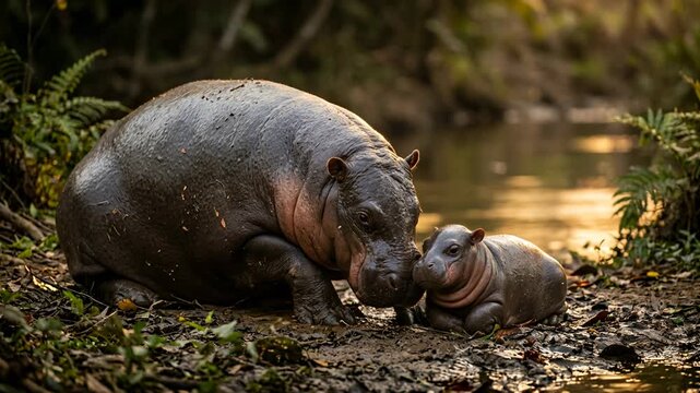 pygmy hippopotamus with its calf close up against a warm sunset light background in west african rainforest video