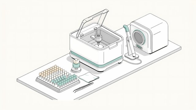 Isometric 3D dental CAD CAM lab equipment with milling machine intraoral scanner and tooth shade guide