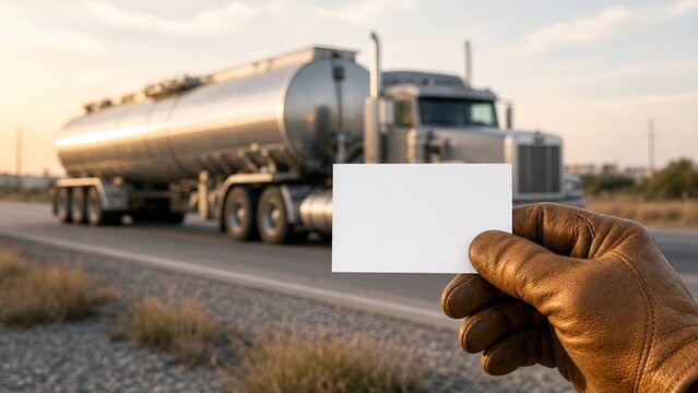 Gloved Hand Holding Blank Business Card Mockup in Front of Tanker Truck on Highway